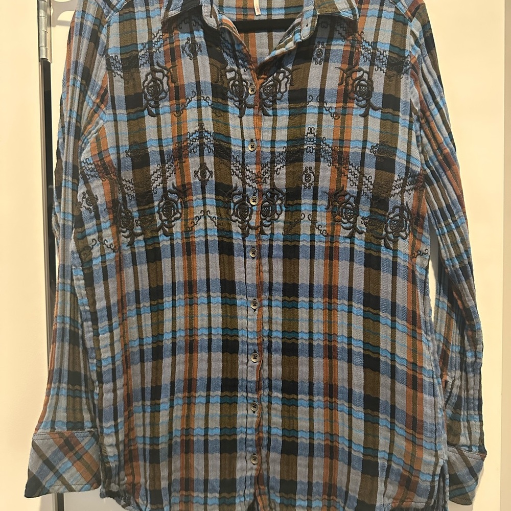 Free People Plaid Embroidered Shirt